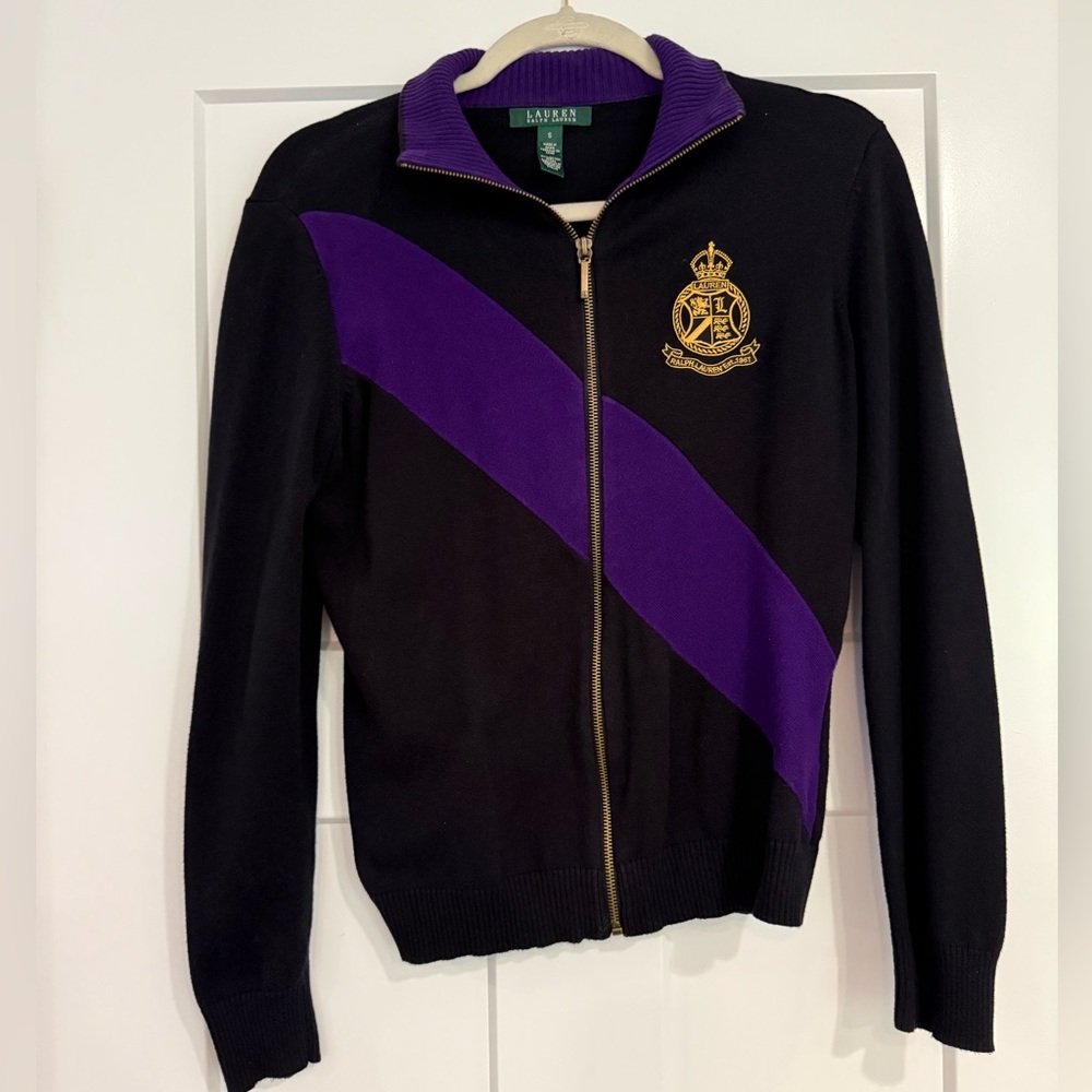 Ralph Lauren Sweater Jacket Women's Small Full Zip Purple Gold Crest Embroidered